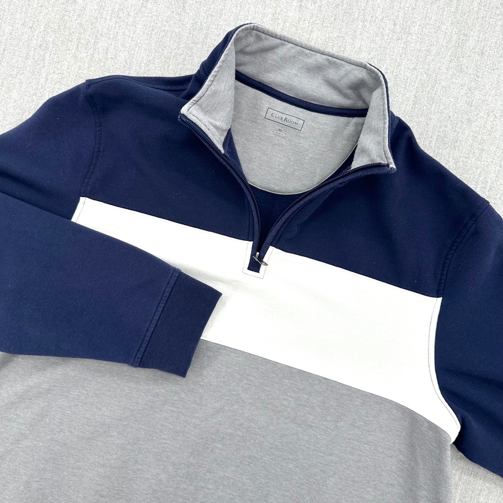 Club Room Mens XL Quarter Zip‎ Pullover Navy Blue Gray White Colorblock Sweater